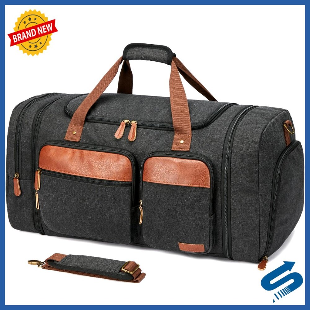65l Expandable Canvas Duffle Bag With Shoe Compartment Travel Gym Weekender
